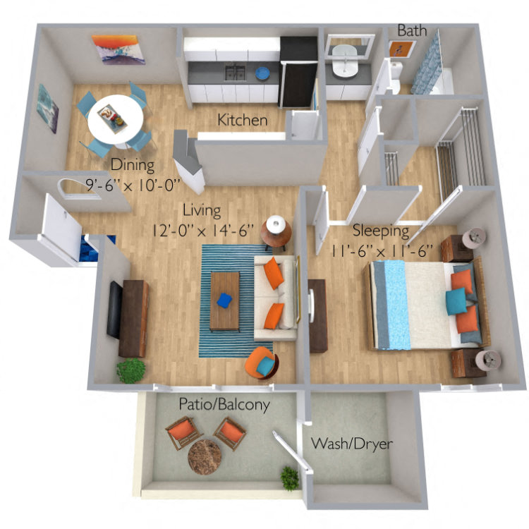 Floor plan for 1 bed, 1 bath, 700 sqft